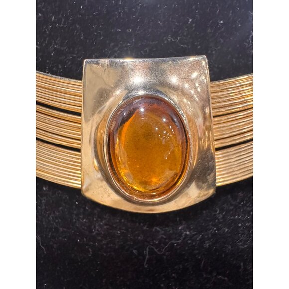 Vintage Gold Tone Choker & Bracelet Set With Amber Stone Accent Muti WIre - Picture 4 of 6